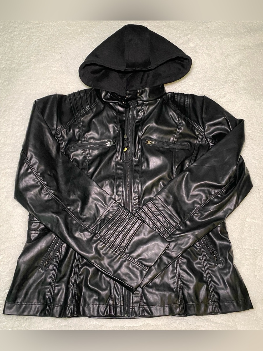 Black Faux Leather Hooded Jacket - Women's Modern Zip Front